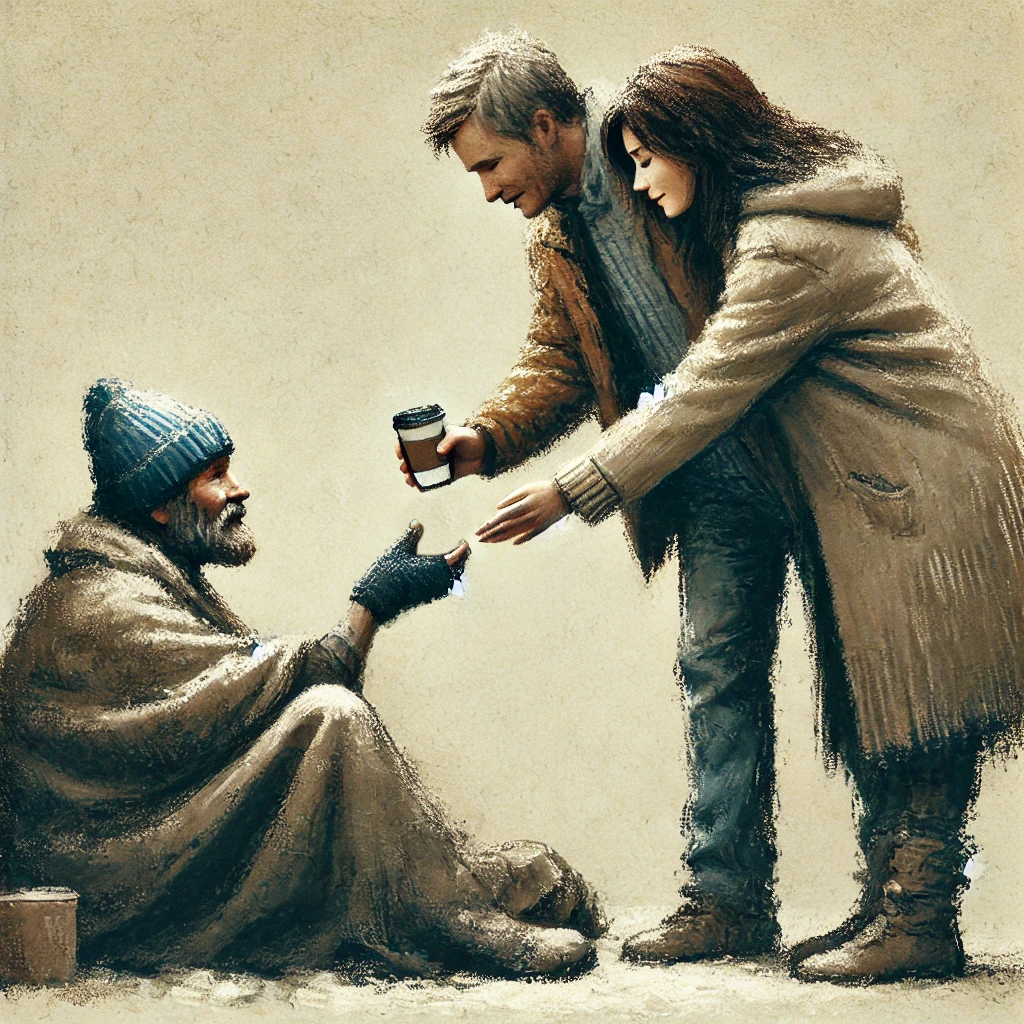 A_couple_offering_a_warm_cup_of_coffee_to_a_homeless_person_in_winter_b22fe37380