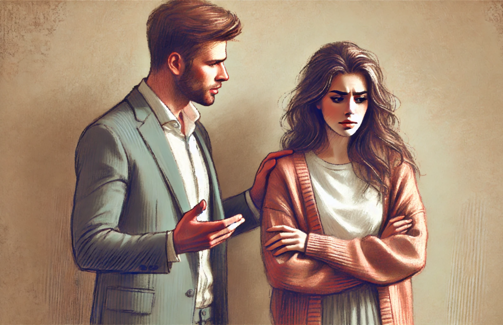 A_husband_and_wife_standing_together_The_wife_appears_upset_expressing_frustration_while_the_husband_looks_at_her_with_a_loving_and_understanding_2c09cc4a41