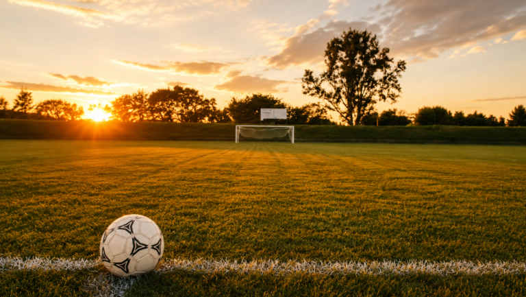 Terrain de foot avec soleil couchant